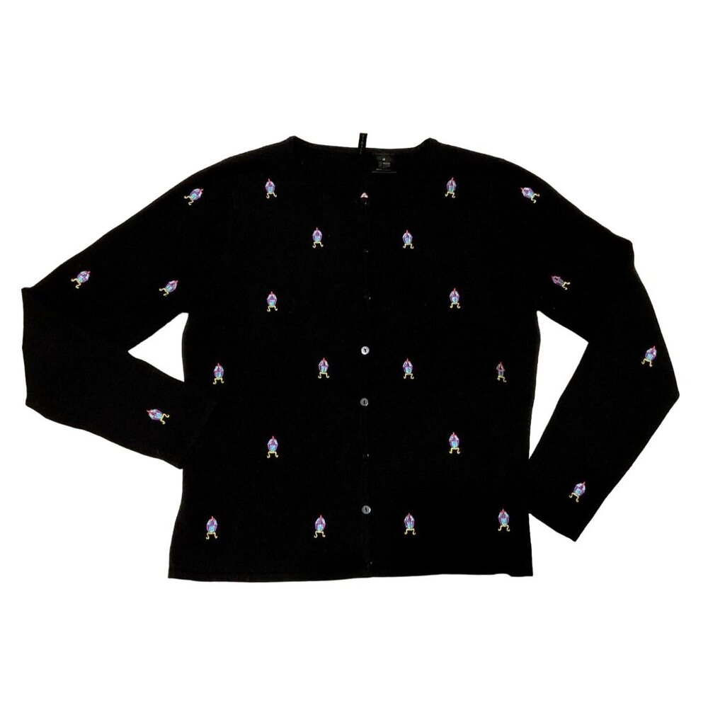 Faberge Egg Embroidered Cardigan Size M Black Button Front Long Sleeve Womens